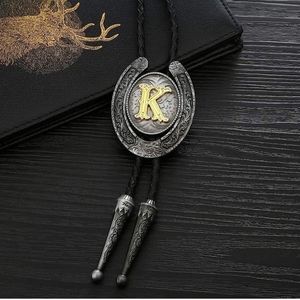 New Western Silver Horseshoe Letter K Initial Leather Bolo Tie.ALL LETTERS AVAIL
